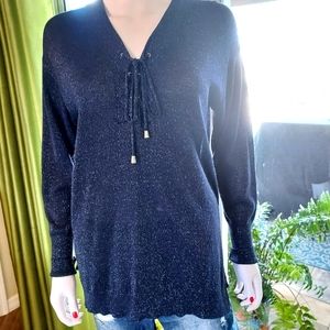 Romy Blue Sparkle Lightweight Knit Tunic Sweater w Toggle String Front Closure.